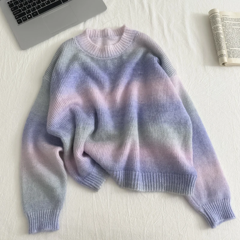 

Rainbow Sweaters For Women 2024 Autumn Winter High Quality Long Sleeve Knitted Pullovers Korean Style Loose Ladies Tops