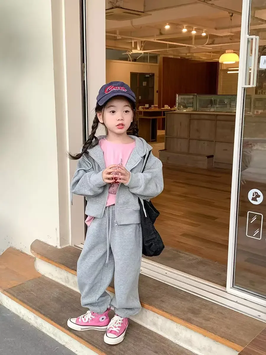 

Корейская толстовка с двойной молнией + спортивные штаны до щиколотки на шнурке, два комплекта модных 90-150 см ﻿ Повседневная одежда для девочек 1-10 лет