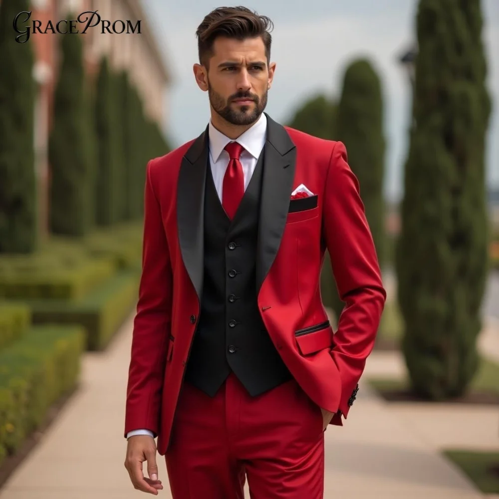 Elegant Vibrant Red 3PCS Mens Tuxedo Black Contrast Piping Notched Groom Suit Vest Pants Set For Wedding Prom Event Customized