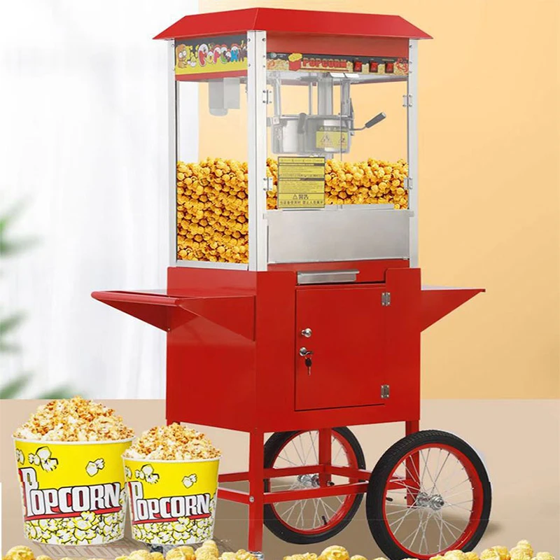 220V Popcorn Machine Commercial Tempered Glass Belt Cart Movie Theater KTV Luxury Pipoqueira Electric Roof Pop Corn Maker 1450W