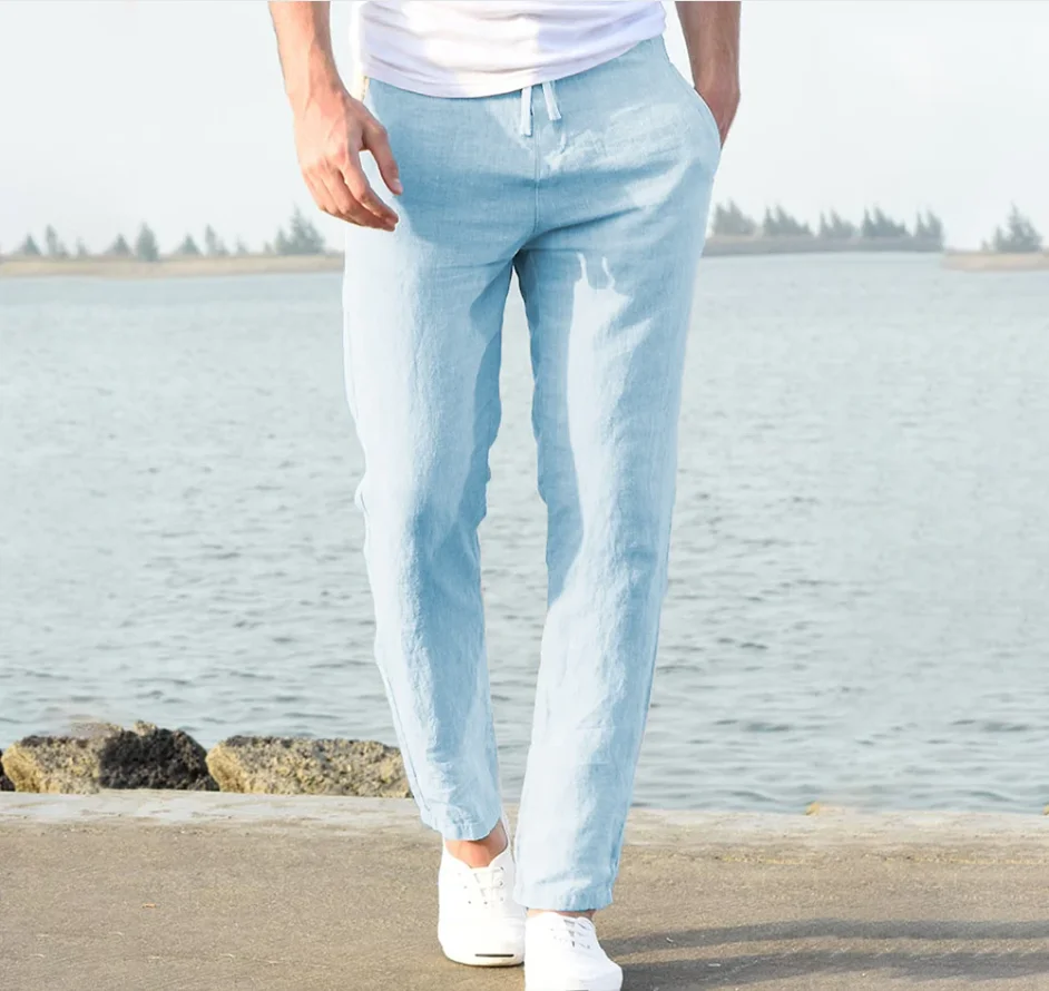 Men's Cotton Linen Pants Male Autumn New Breathable Solid Color Linen Trousers Fitness Streetwear M-4XL
