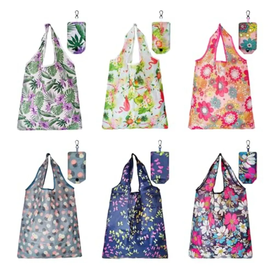 

6 Pcs Reusable Shopping Bags Foldable Grocery Bags in Pocket Eco-friendly Travel Recycle Shopping Bags Waterproof and Machine W