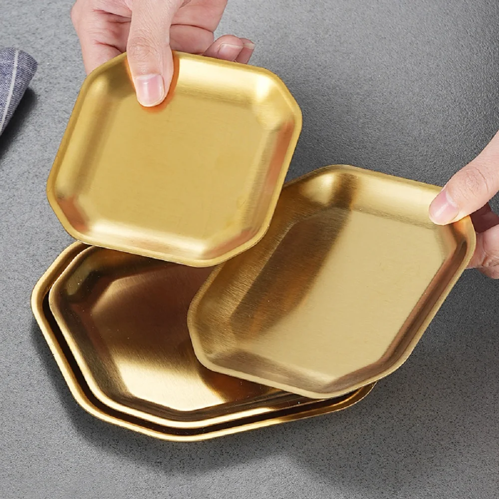 Stainless Steel Square Dish Silver Gold Cake Snack Dessert Pastry Serving Tray Kimchi Sauce Dipping Plates Kitchen Utensils