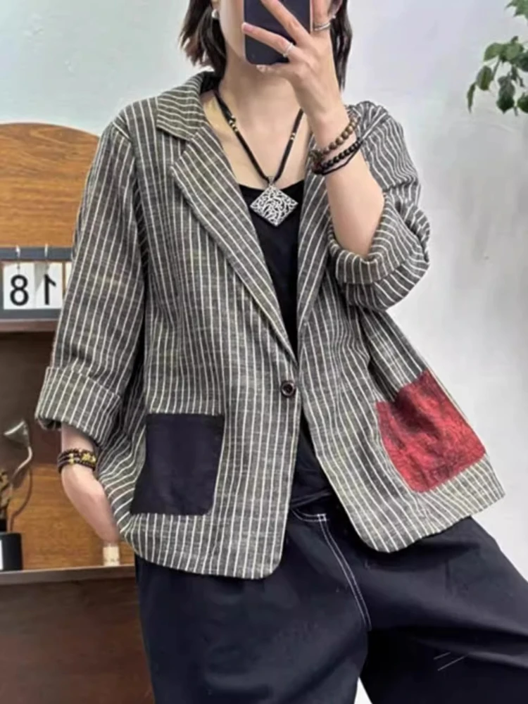 

Korean Vintage Blazers Striped Contrast Color Notched Collar Design Suits Spring Autumn Coats Casual All Match Women's Clothing