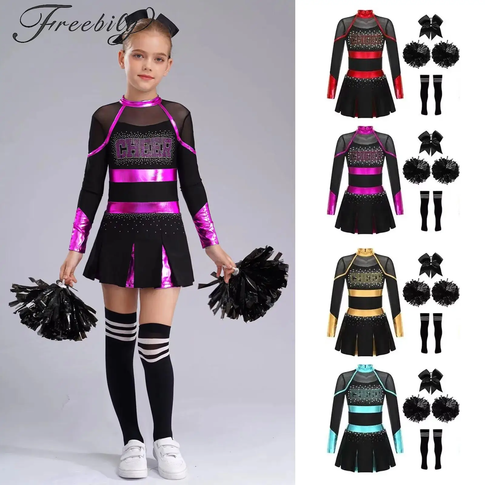 

Kids Girls Cheerleading Uniform Sleeveless Cheerleader Dance Costume Outfits Rhinestones Mini Dress for School Performance Gift