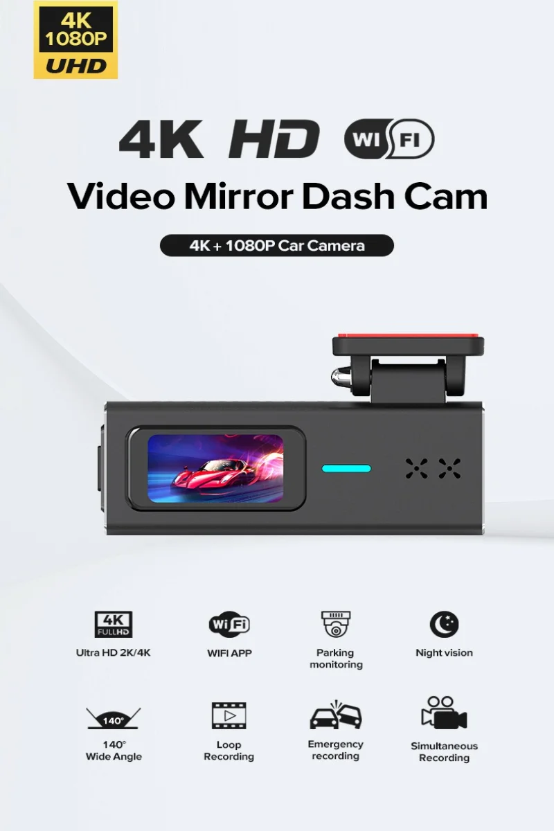 

Видеорегистратор HONG TONG New WIFI 4K с функцией двойной записи (спереди и сзади) и мониторинга парковки