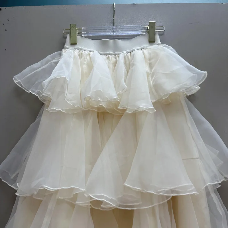 [zoci] Light Luxury Layered Mushroom Edge Cake Organza Elastic Waist Skirt, Fluffy Skirt A2#8714