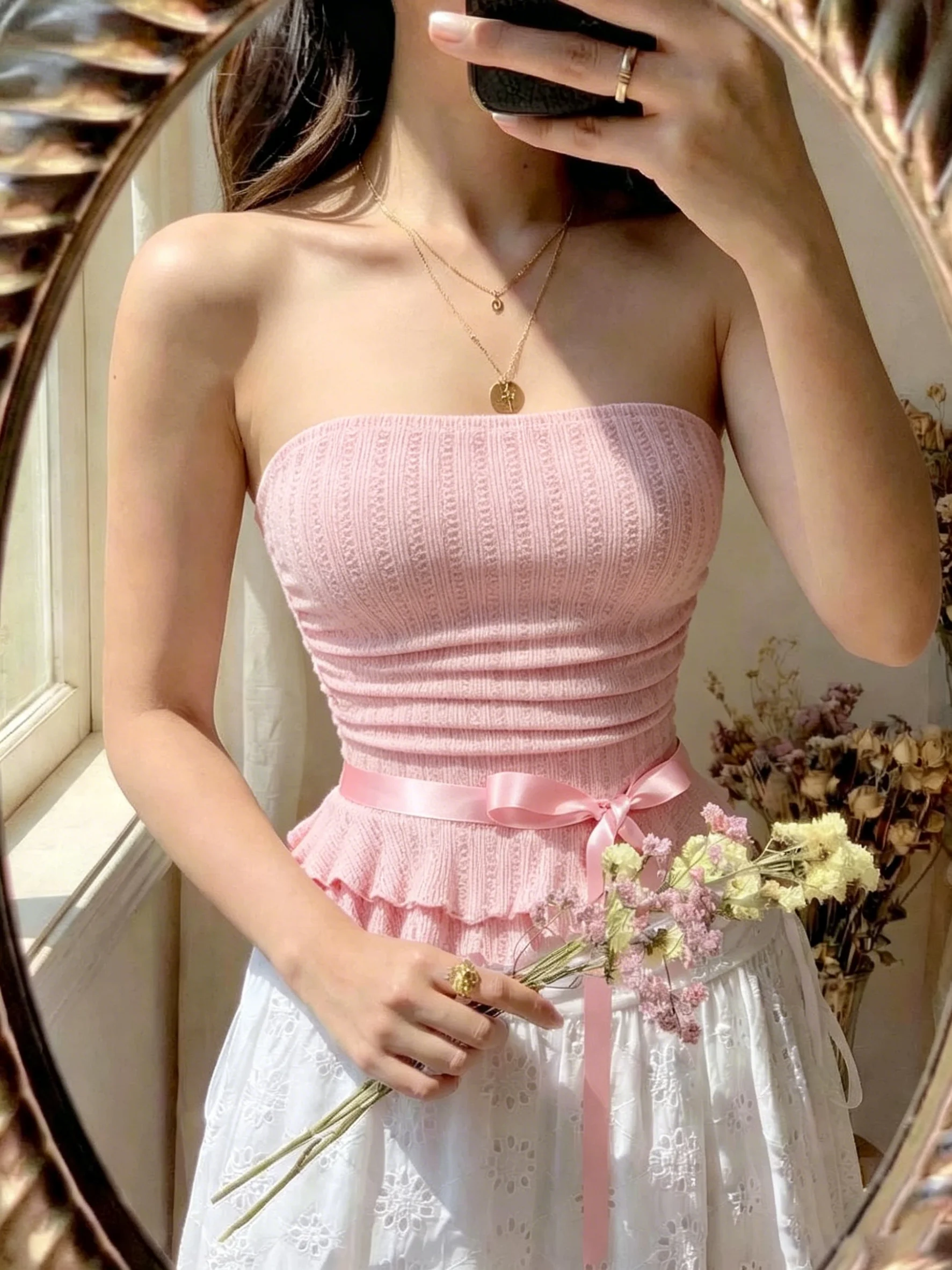 Sweet fashionable and trendy lace strapless vest summer bow lotus leaf hem cinched waist pleated and slimming top summer Y2K