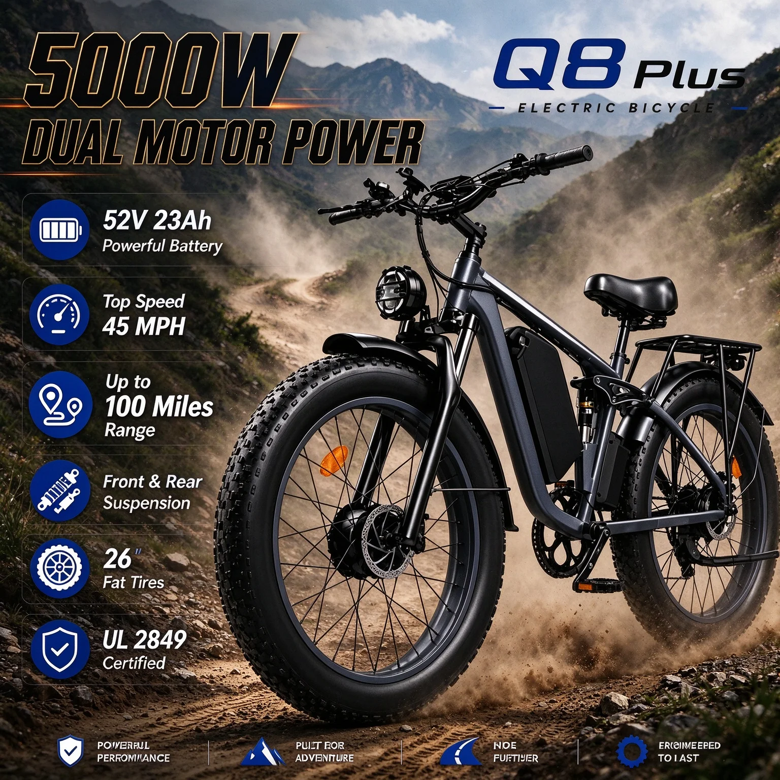 FENGQS Q8 PLUS Dual Motor Electric Bike for Adults, Peak 6000W 60V 1200Wh Removable Battery, 40-100 Miles Long Range Fat Tire E-Bike, Full Lockable Suspension, 7 Speed, 4+2 Riding Modes, 45MPH, 40° Climbing Off Road Electric Bicycle US Warehouse`