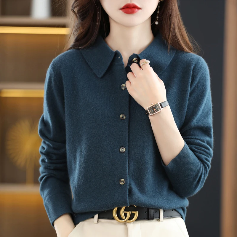 Spring And Autumn POLO Neck Sweater Knitted Shirt With Loose Long Sleeve 100% Wool Coat Cashmere Button Cardigan Style Jacket
