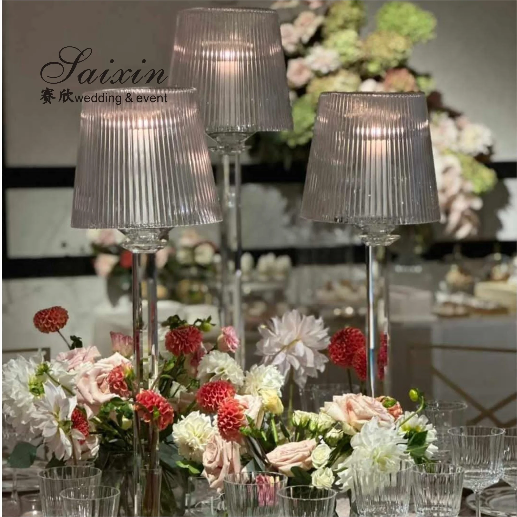 

Hot Selling Chic Wedding Decoration 3 Pcs Set clear Lamp Shade Stand Candle Holder for Event Centerpiece