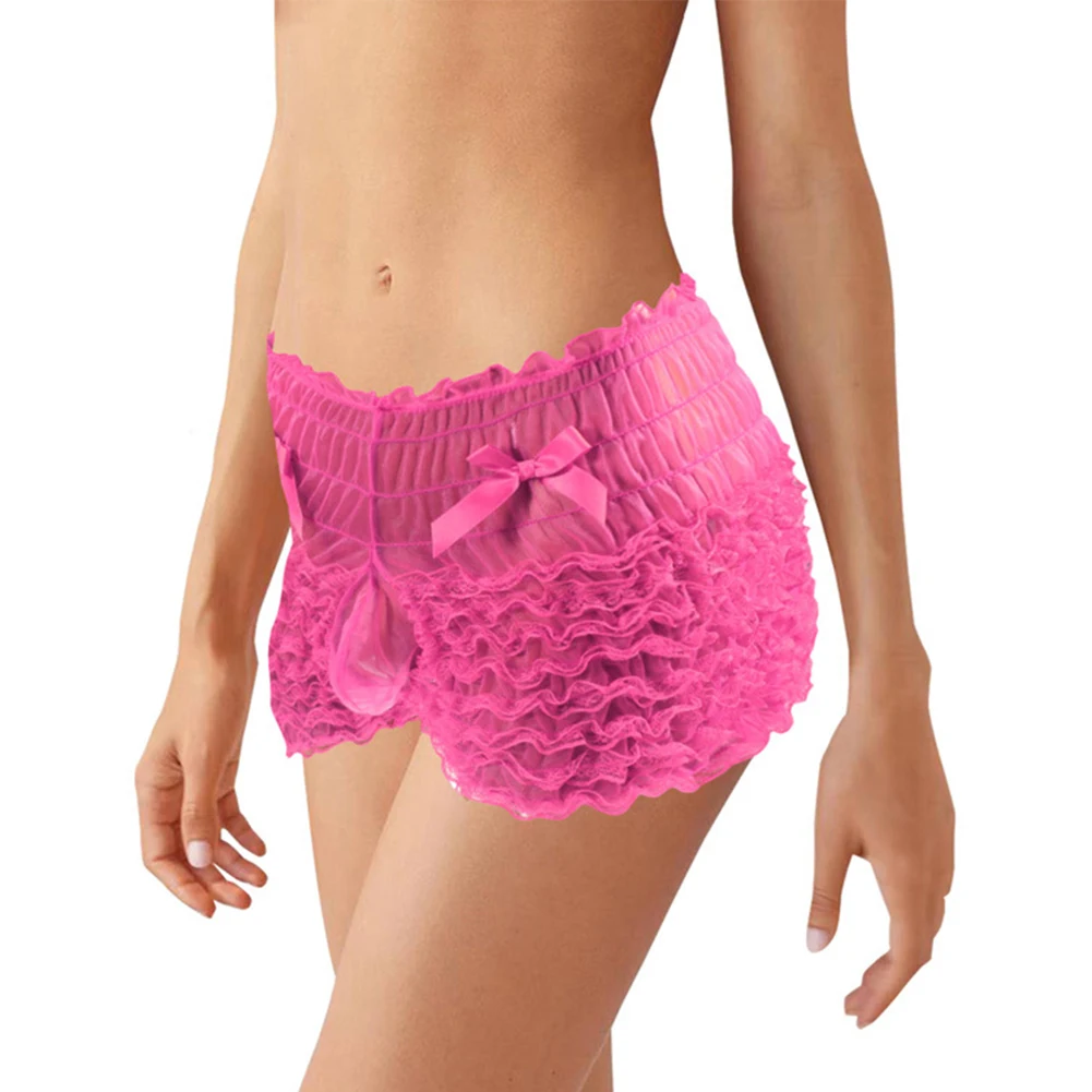 Mens Shorts U Convex Pouch Shorts Sexy Ruffled Lace Girly Lingerie Briefs Sissy Crossdress Underwear Male Underpants