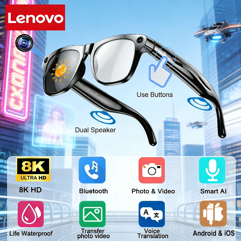 

Умные очки Lenovo 8K с ИИ, камерой 100 Мп, переводом ChatGPT, сенсорным управлением, спортивные солнцезащитные очки, фотохромные HD, для мужчин и женщин, подарок, новинка