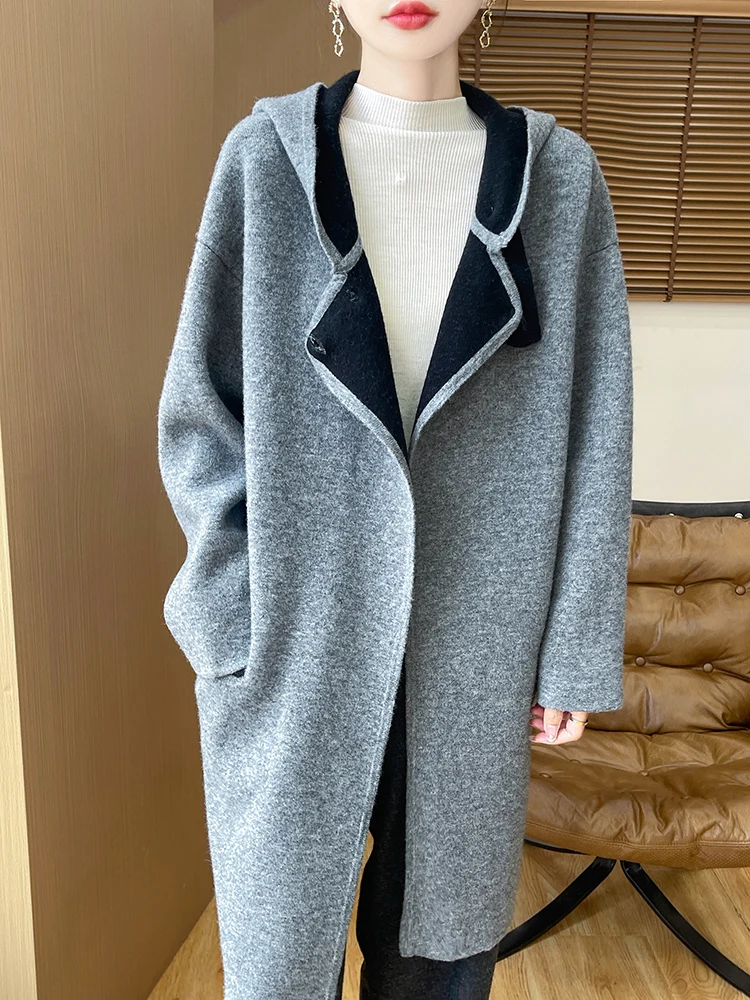 Chic Women Hoodie Sweater Long Style Wool Cardigan Autumn Winter Casual Loose Long Sleeve Clothes 100% Merino Wool Knit Coat