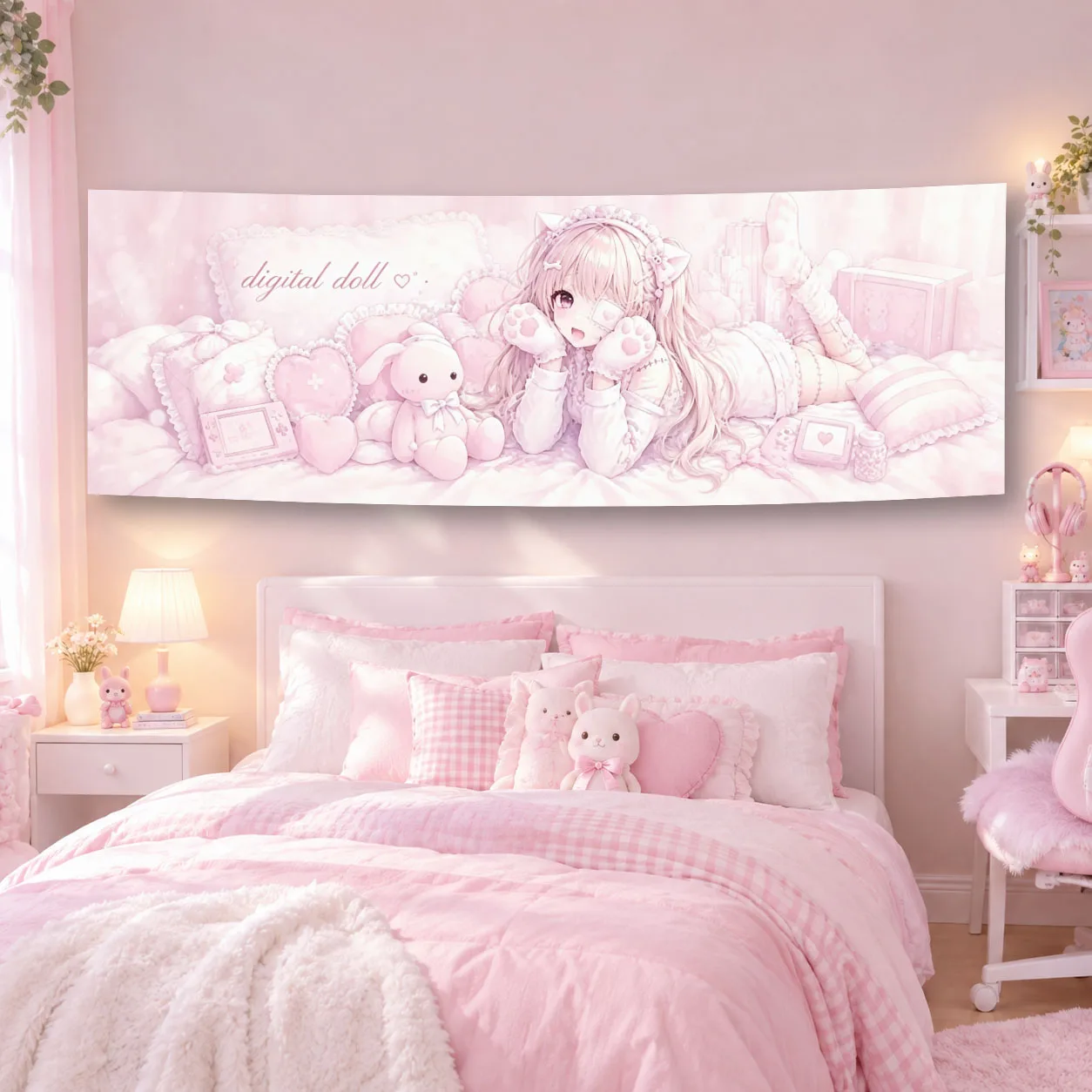 Sweet Digital Doll Pink Long&Large Tapestry Polka Dot Wall Hanging Cute Kawai Background Cloth for Bedroom Dorm Aesthetic Decor