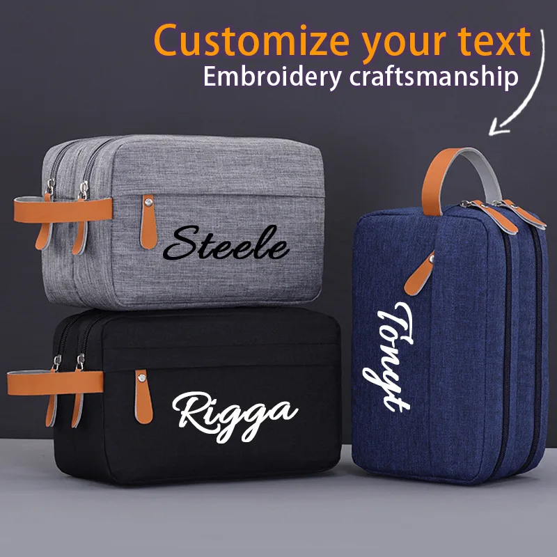 Personalized Embroidery Name Men's Grooming Bag, Double Layer Oxford Fabric Large Capacity Toiletry Bag Custom Text Travel Pouch