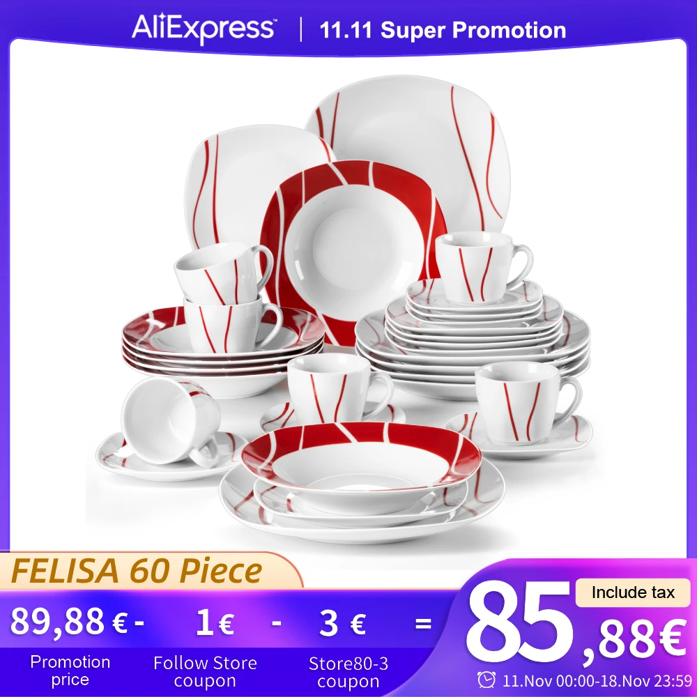 MALACASA FELISA 18/20/30/36/60 Piece White Porcelain Dinner Set with Cup,Saucer Dessert Soup Dinner Plate Tableware Set