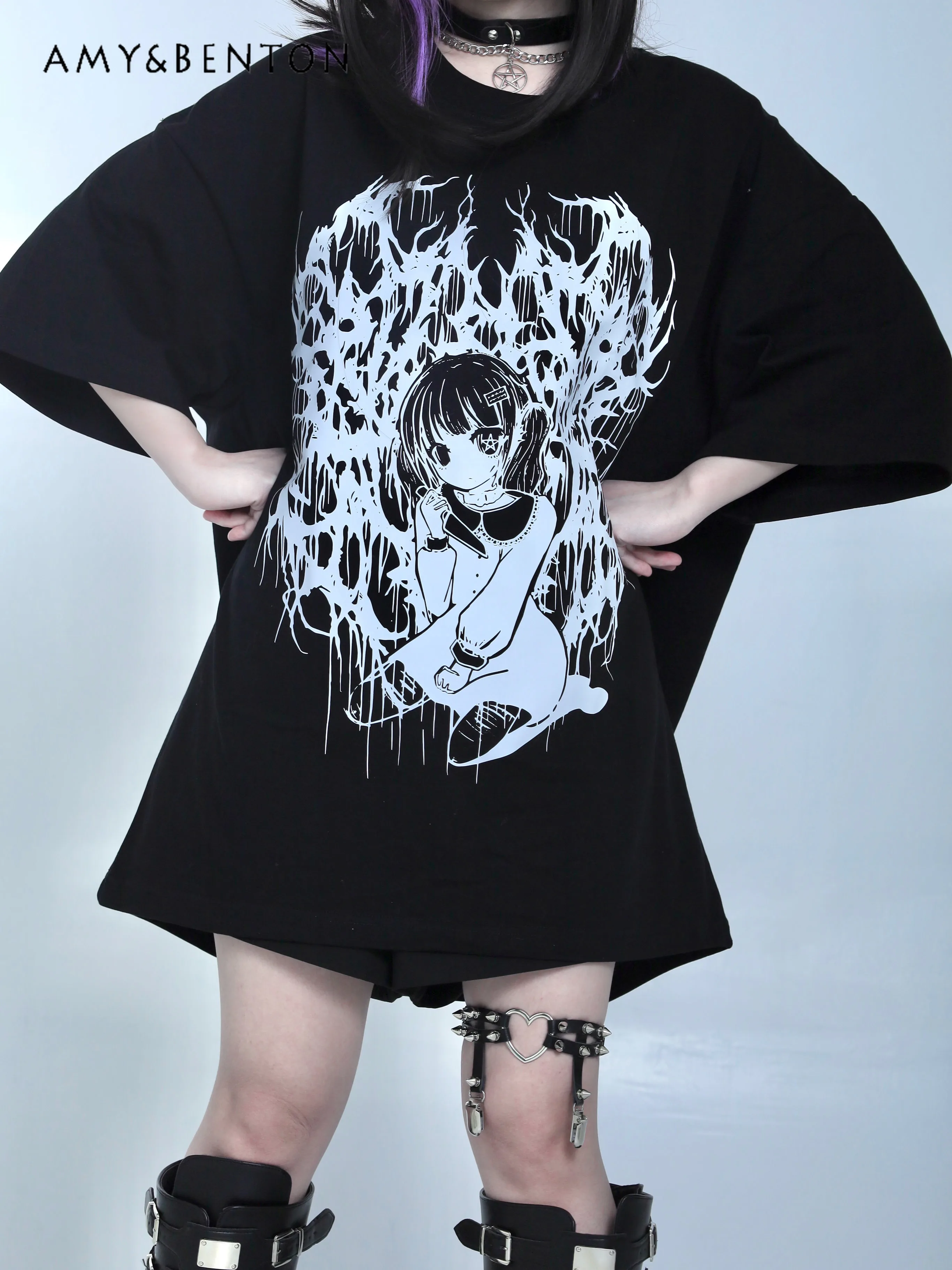 High Street Black Anime Print Subculture Short-Sleeved Tops Summer Harajuku Gothic Round Neck Oversized T Shirt Hot Girl Y2k Top