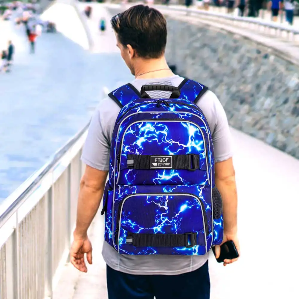 3 ชิ้นกระเป๋าเป้สะพายหลังเด็กชายสายฟ้า, 16 นิ้วกระเป๋าแล็ปท็อปโรงเรียนวัยรุ่นวิทยาลัยกันน้ำเด็กกระเป๋าเป้สะพายหลังพร้อมกล่องอาหารกลางวันชุดสีฟ้า