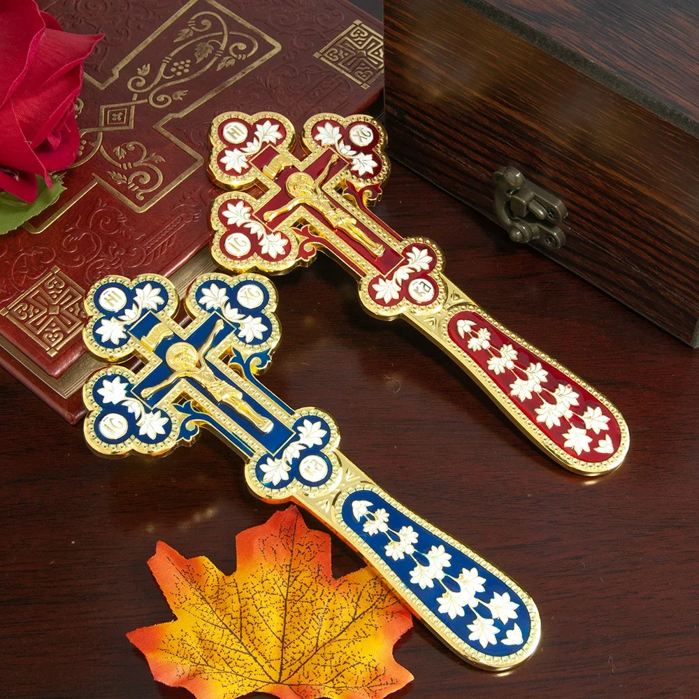 

Orthodox Church Handle Blessing Church Cross Gold Plated Colorful Enamel Jesus Crucifix icon Cross With INRI For Prayer