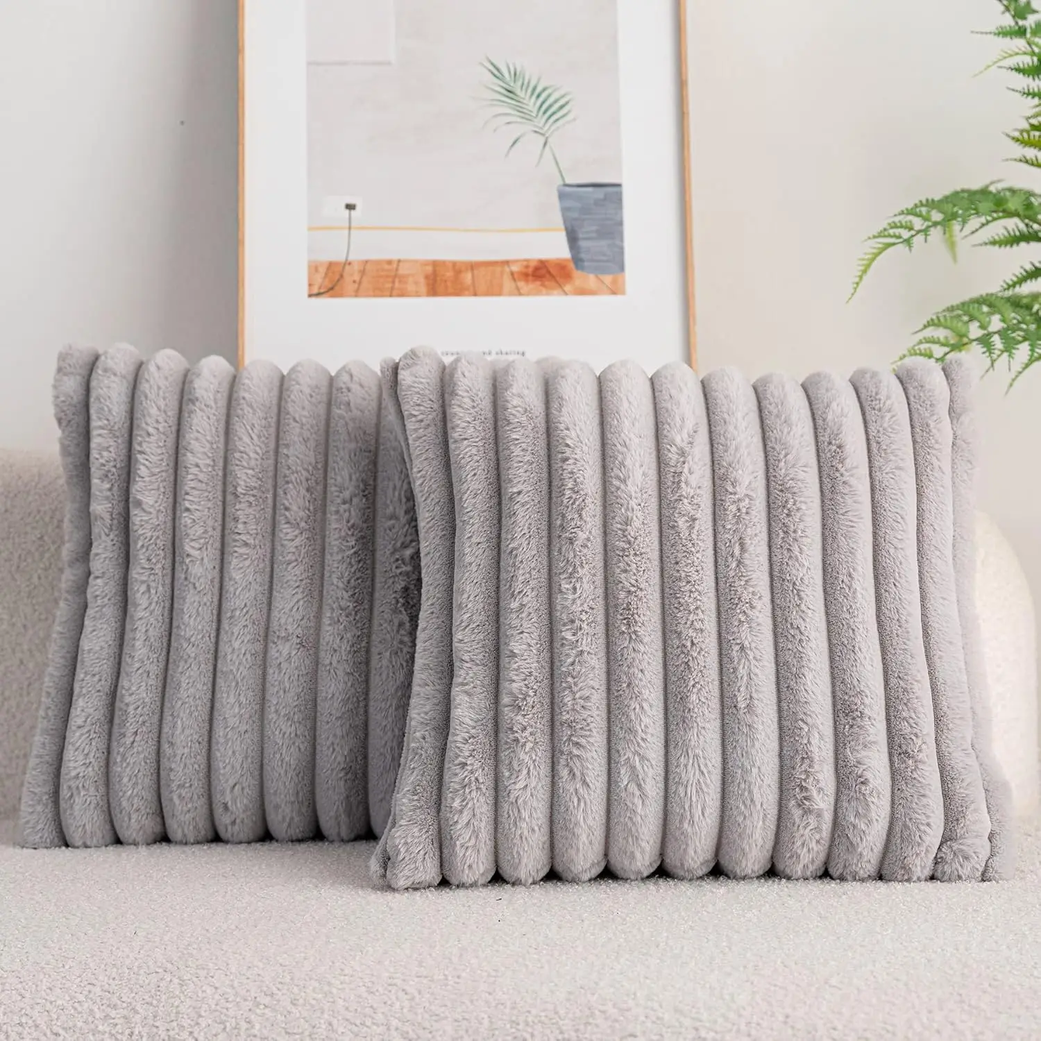 

Pa Of 2,Double-Sided Plush Decorative Throw Pillow Covers Fuzzy Striped Soft Pillowcase Cushion Covers For Sofa Couch Bedroom