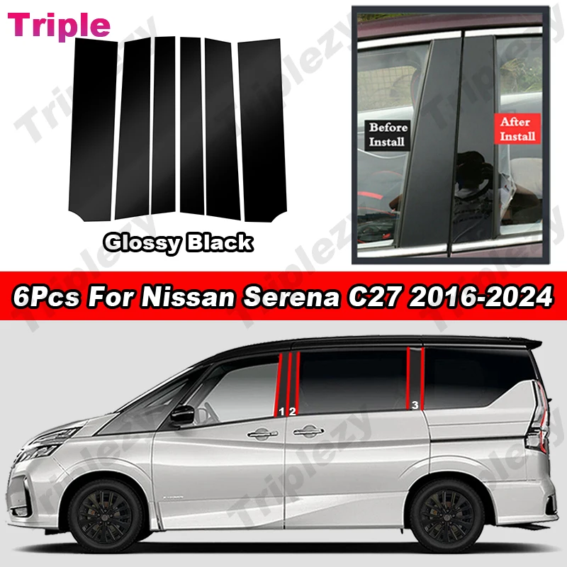 6Pcs Glossy Piano Black/Carbon Fiber Car Door Window Pillar Post Cover Trim Molding Exterior For Nissan Serena C27 2016-2024