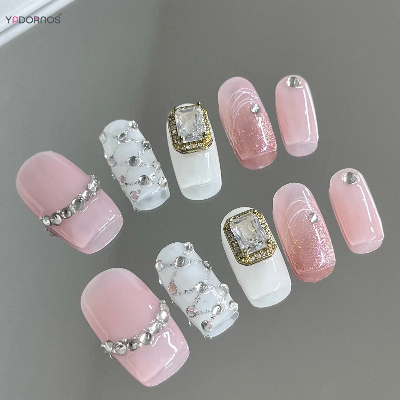 Uñas postizas de bailarina hechas a mano, Uñas postizas con diamantes de imitación, cobertura completa, Cabeza Cuadrada, manicura, 10 piezas