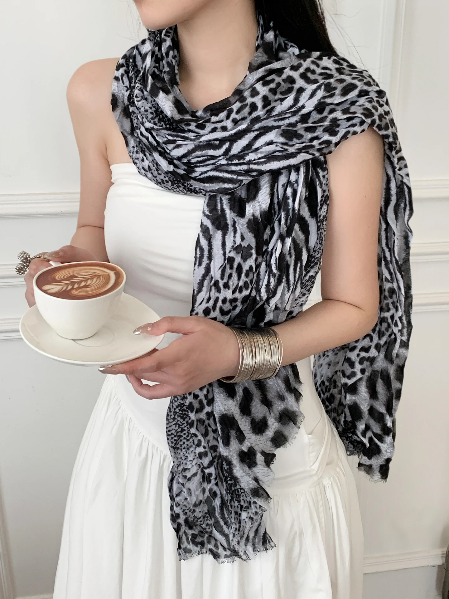 Retro American Leopard Print Long Scarf Women's Fashion Luxury Spicy Necktie Shawl Outerwear Decoration Multifunctional Autumn