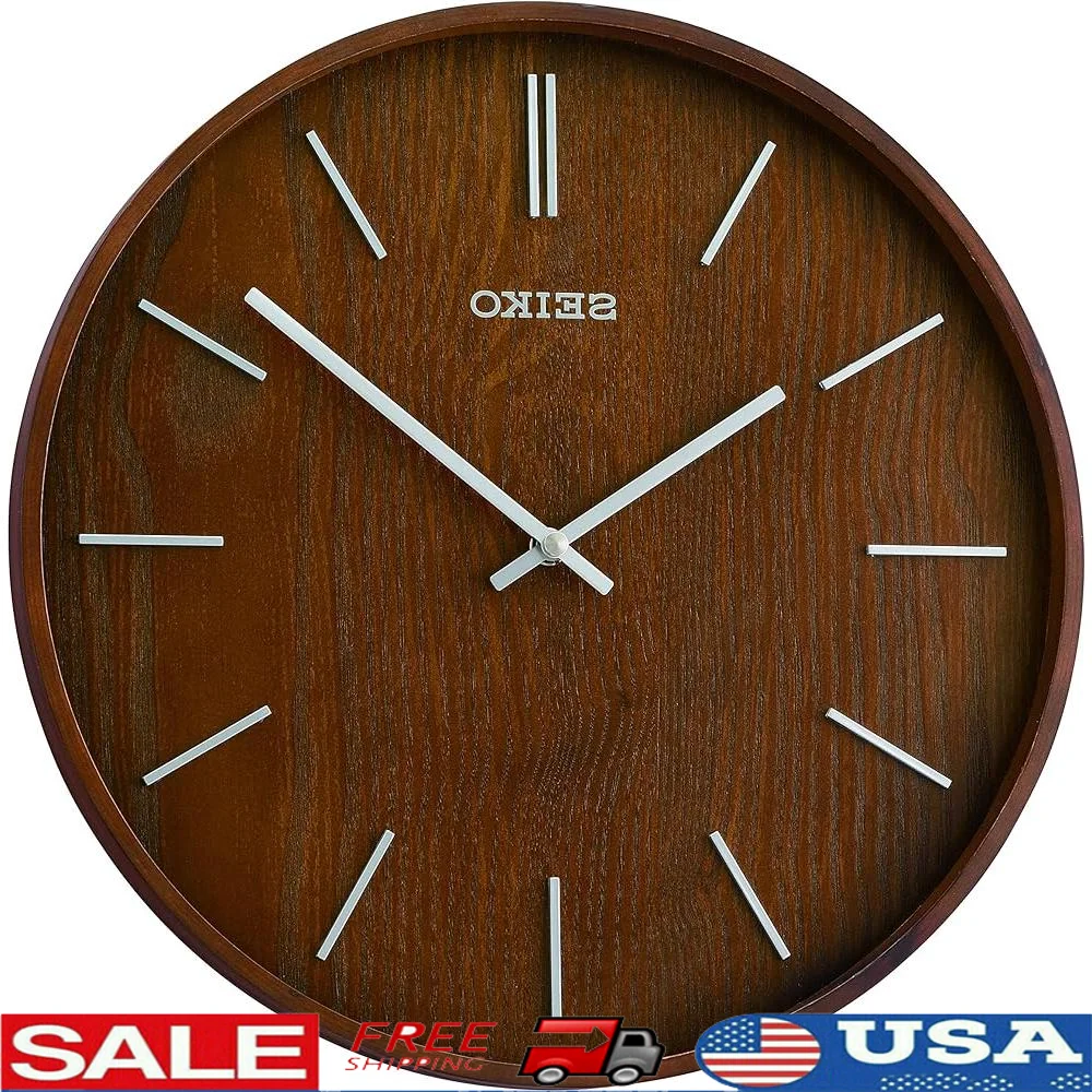 

Modern Battery Operated Wall Clock Large Analog Display 3D Silver Numerals Ash Veneer Round Design Home Decor