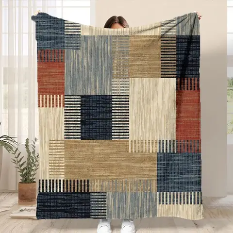 1 piece of comfortable Bohemian style flannel blanket - soft warm machine washable multi colored patchwork design