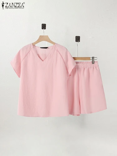 Imagen 2 del producto 2025 ZANZEA Conjuntos cortos para mujer, camiseta de manga corta con cuello en V y pantalones cortos de cintura elástica, trajes informales de 2 piezas con inserto de encaje de verano