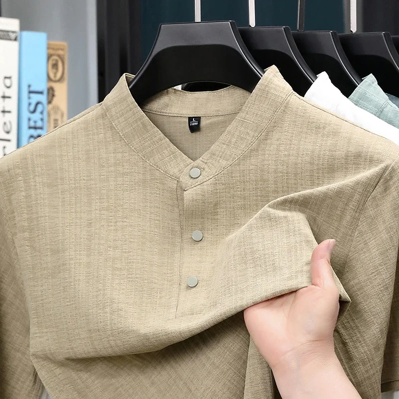 Summer Stand Collar Half Button Mens Shirt Lightweight Textile Blouse Daily Streetwear Home Leisure And Short Travel Outfit view 2