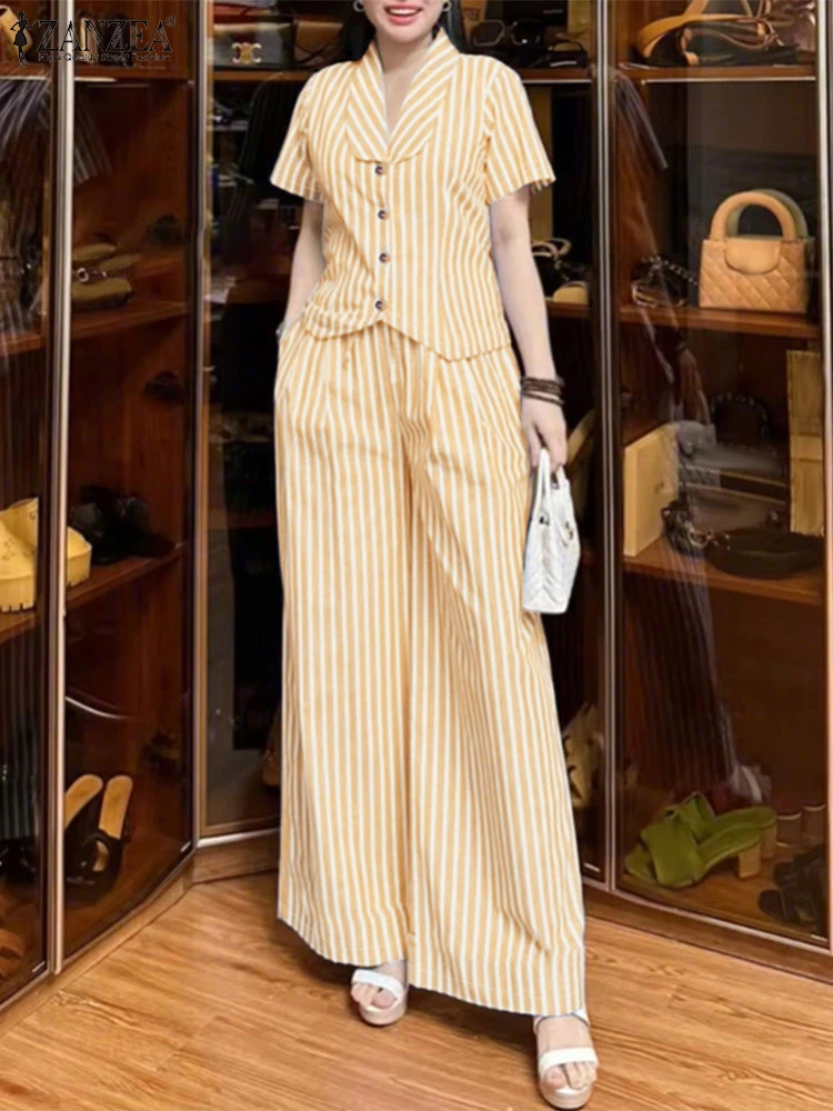ZANZEA Womens Elegant Office 2 Pieces Sets Shawl Collar Short Sleeve Shirts Wide Leg Pants 2pcs Outfit Suits Striped Pant Sets