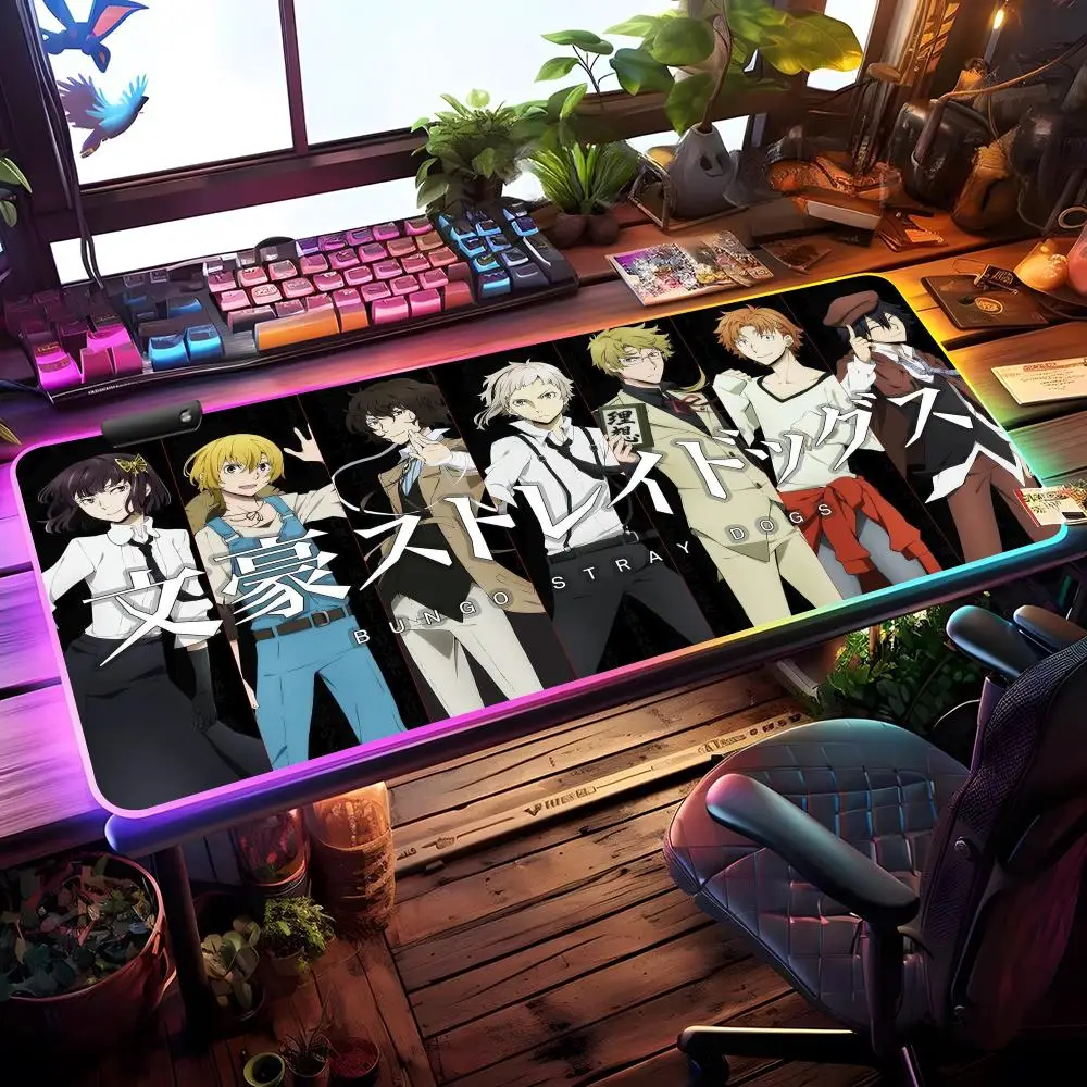 Bungo Stray Dogs Mouse Pad RGB Gaming Mouse Pad Desk Mat HD Gamer Large LED Light XXL MousePads