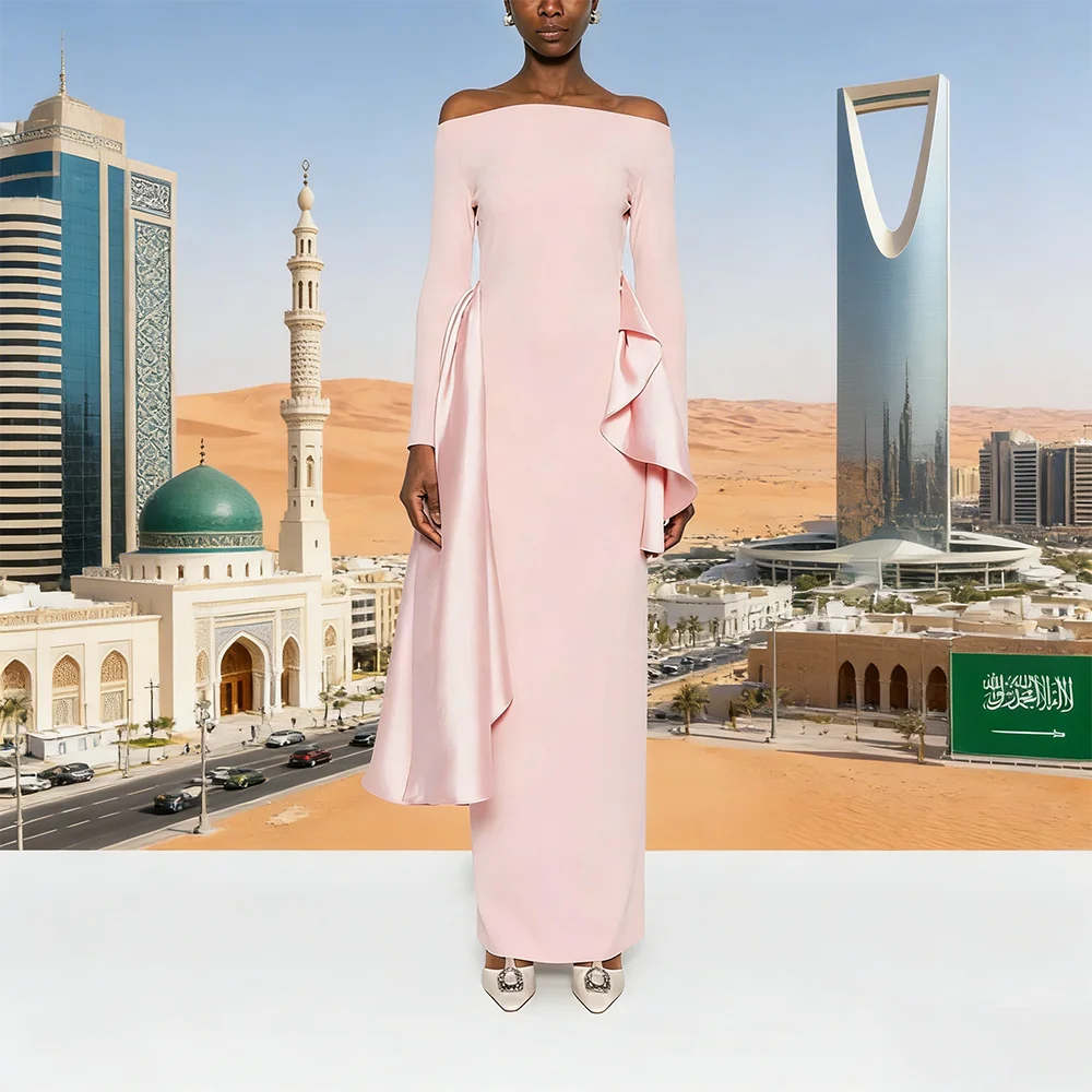 

Customized Saudi Arabia Ali Prom Gowns Women's Boat Neck Full Sleeve Jersey Straight Ankle Length Evening Dress with Sash