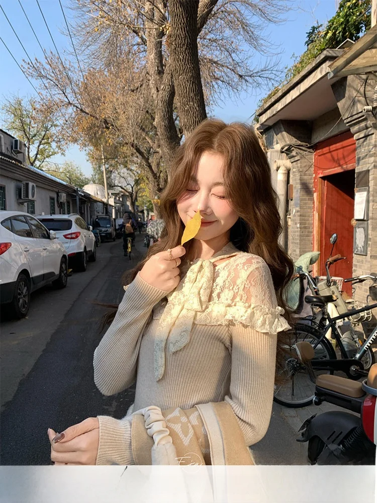 

Корейский вязаный свитер с кружевными вставками и длинными рукавами для женщин, осенне-зимний модный дышащий пуловер с круглым вырезом