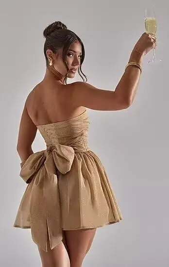 Strapless Short Homecoming Dresses 2025 with Bow Sparkly Pleated Glitter Tulle A-line Prom Cocktail Party Gowns Above Knee, Mini