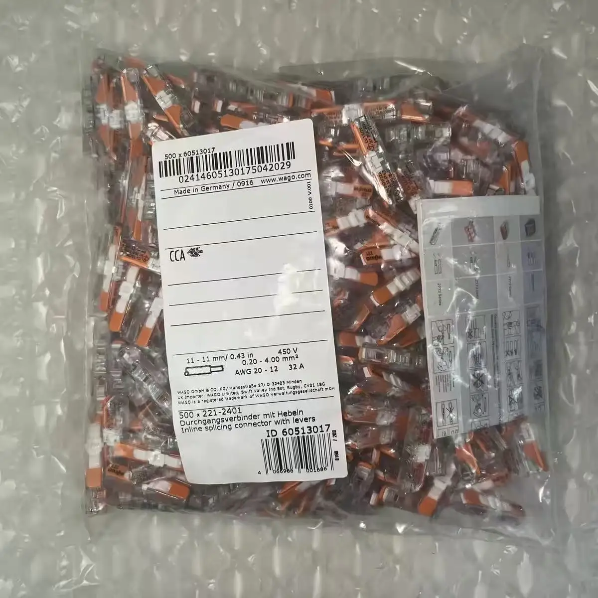 WAGO 221 Series 500 Pieces Bulk Bag, Reusable Push‑in Wire Splicing Connectors, Home & Industrial Electrical Wiring Terminals