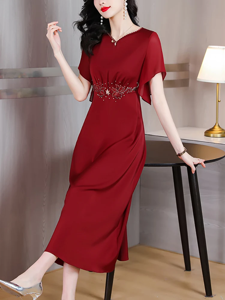 Women Red Silk Satin Luxury Prom Dress Summer Short Sleeve Chic Diamond Dress 2024 Long Evening Party Dress Elegant Wedding Robe