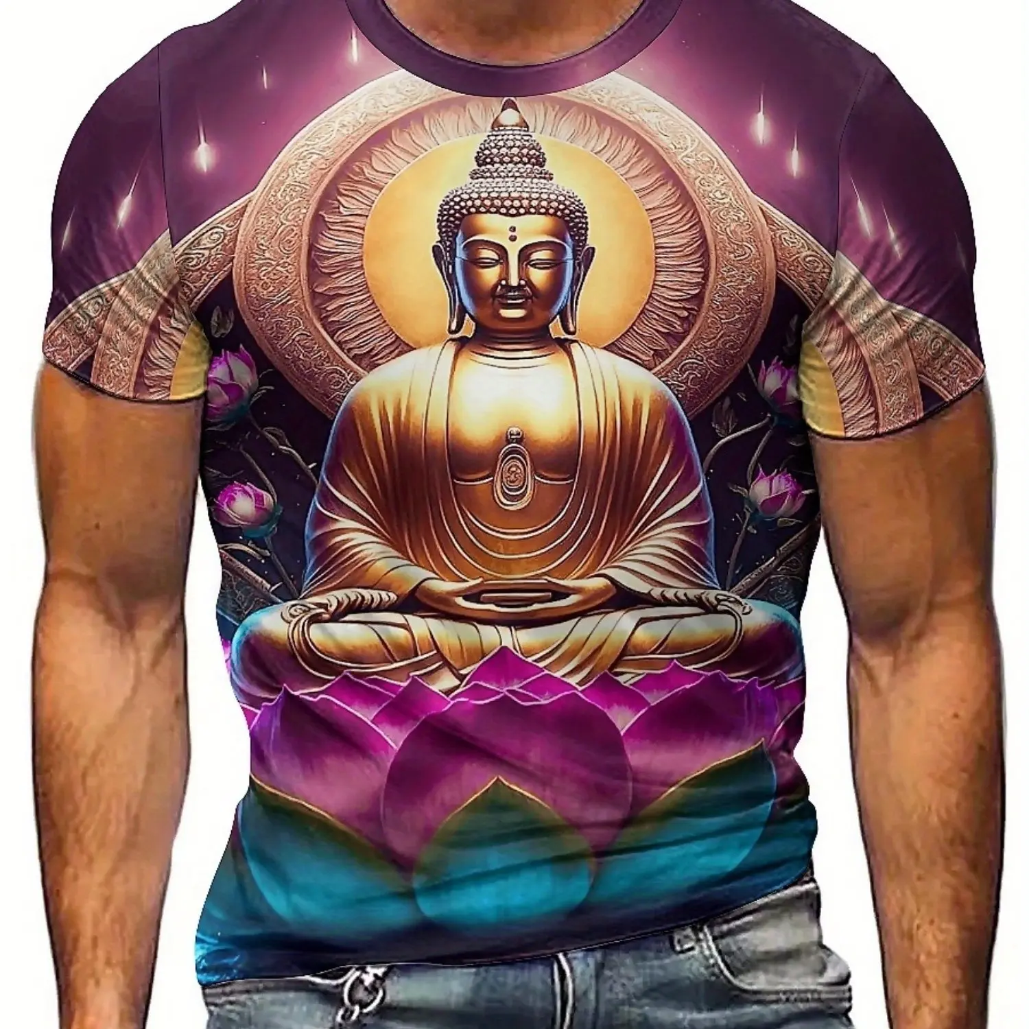 Men's Hip Hop Graphic T-Shirt - 3D Print Geometric Buddha Meditation Design, Oversized Loose Fit 100% Polyester