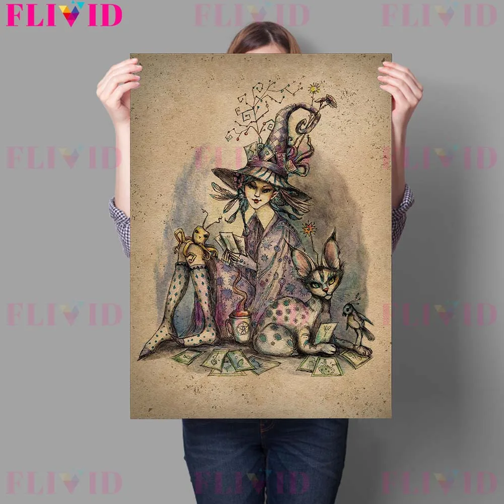 Cheshire Cat And Winter Witch Wonderland Art Poster Prints Dome Decoration Spellwork Tea Wall Art Cats Witchy Magick Prints