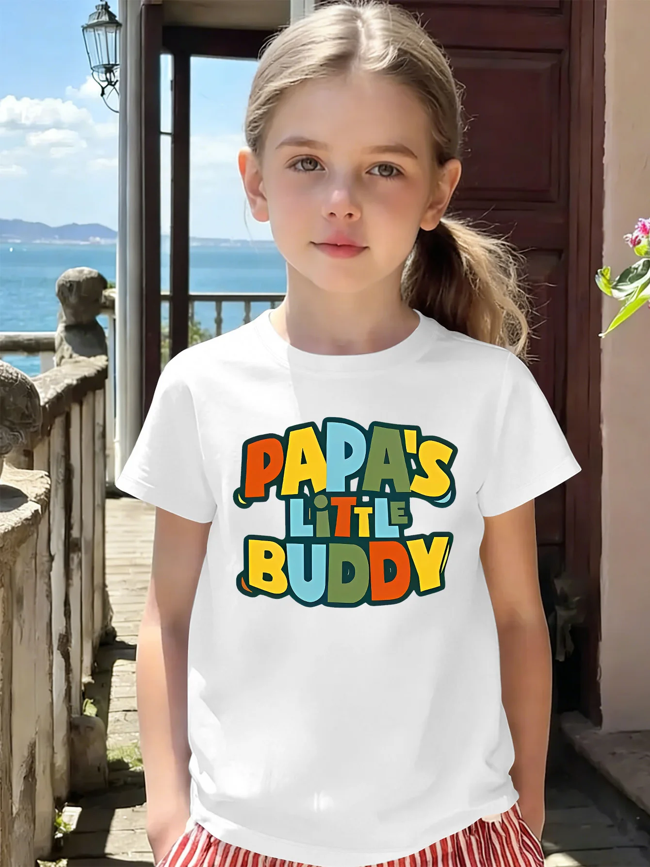 Boys Girls Cotton Tee Papa's Little Buddy Letter Print Family Matching Casual Summer Crew Neck Short Sleeve Soft Daily Wear Kids