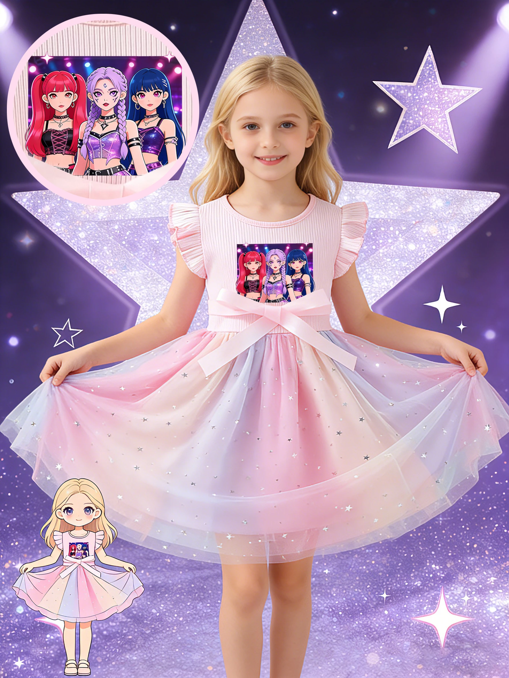 Cool Girl Group Printed Dress for Girls, Gradient Starry Mesh Princess Dress