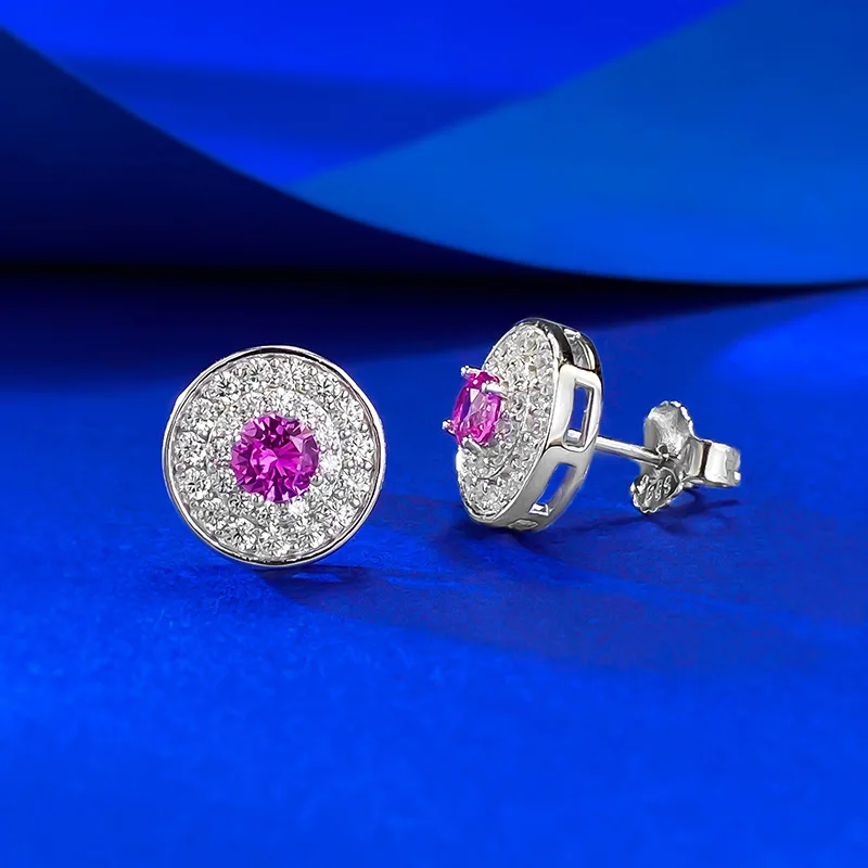 New S925 Silver 4.0mm Round Pink Blue Treasure Nurturing Earstuds with Edge Wrapping Double Layer Wedding Jewelry