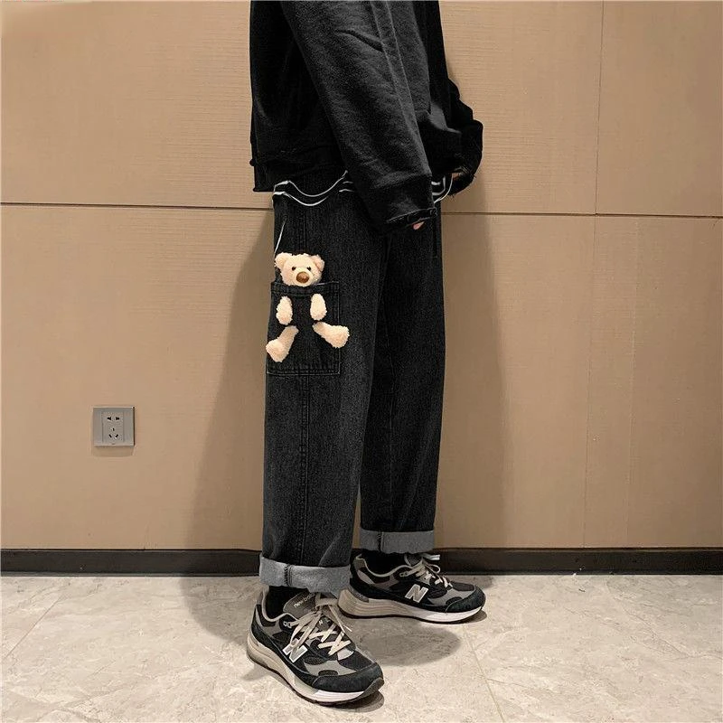 2023 New Fashion Bomb Street Jeans Men\'s Casual Pants Cute Pocket Bear Harajuku Wide Leg Pants Denim Pants Trend