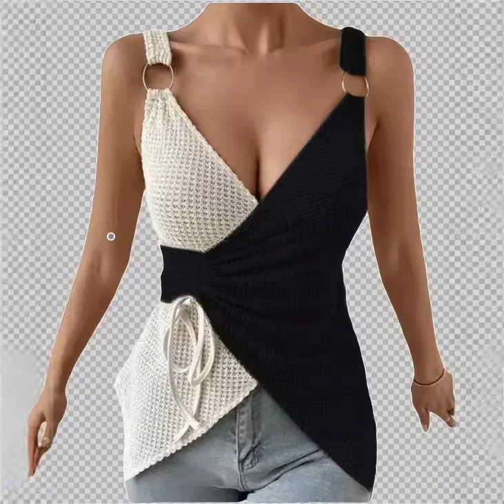 Tank Top Woman Casual Sexy Colorblock O-Ring Decor Drawstring Top Female Clothing T-Shirts Pullover Y2k New Fashion 2024 Summer