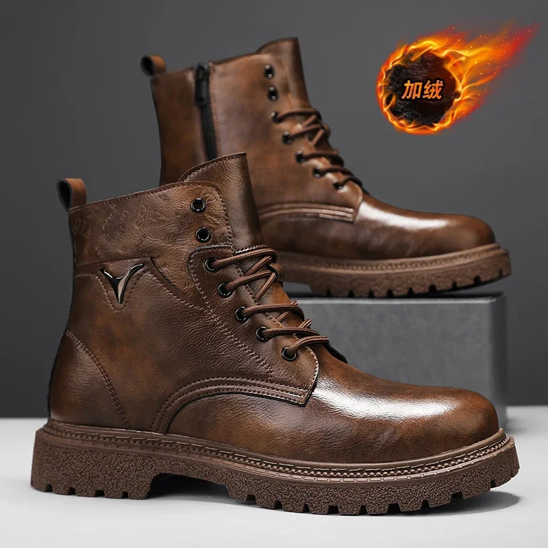 2026Men Microfiber High Top Boots Flat & Height Increasing Sole Non Slip Work Shoes Single & Fleece Lined Warm Daily Ankle Boots