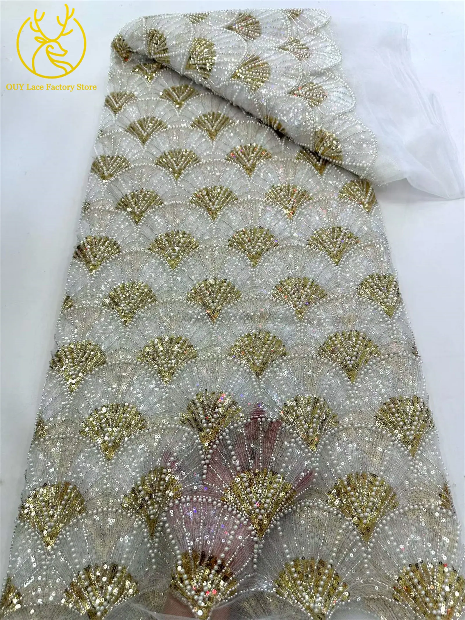 5 Yards Afrikanischer Pailletten-Perlen-Spitzenstoff Hochwertiger Französischer Tüll-Spitzenstoff Nigerianischer Spitzenstoff für Partykleider und Näharbeiten – Detail 8