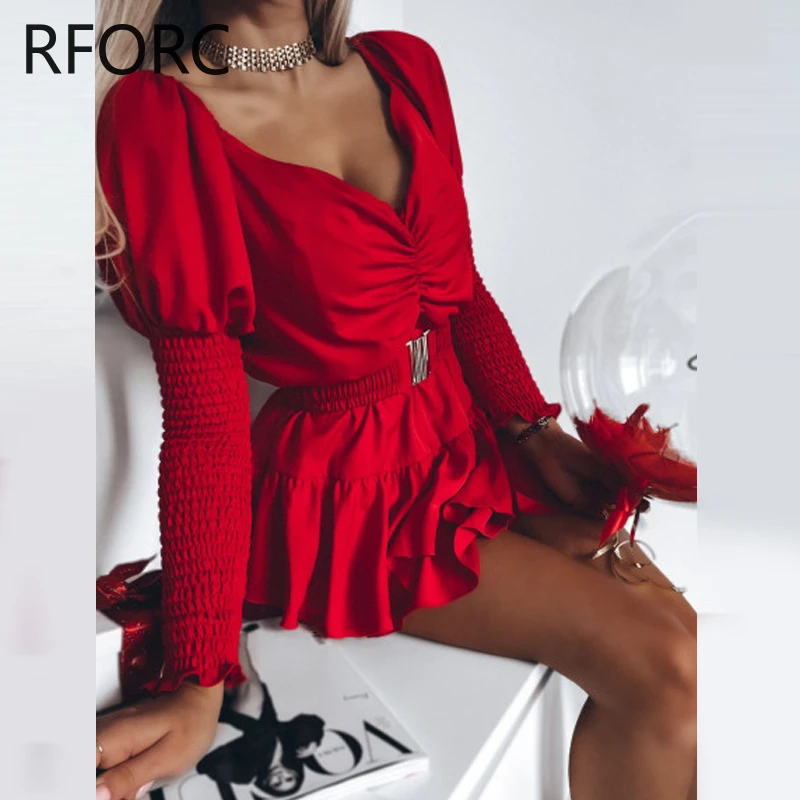 2023 Women Solid Off Shoulder Long Sleeves with Elastic Belts Ruffle Hem Mini Red Dress