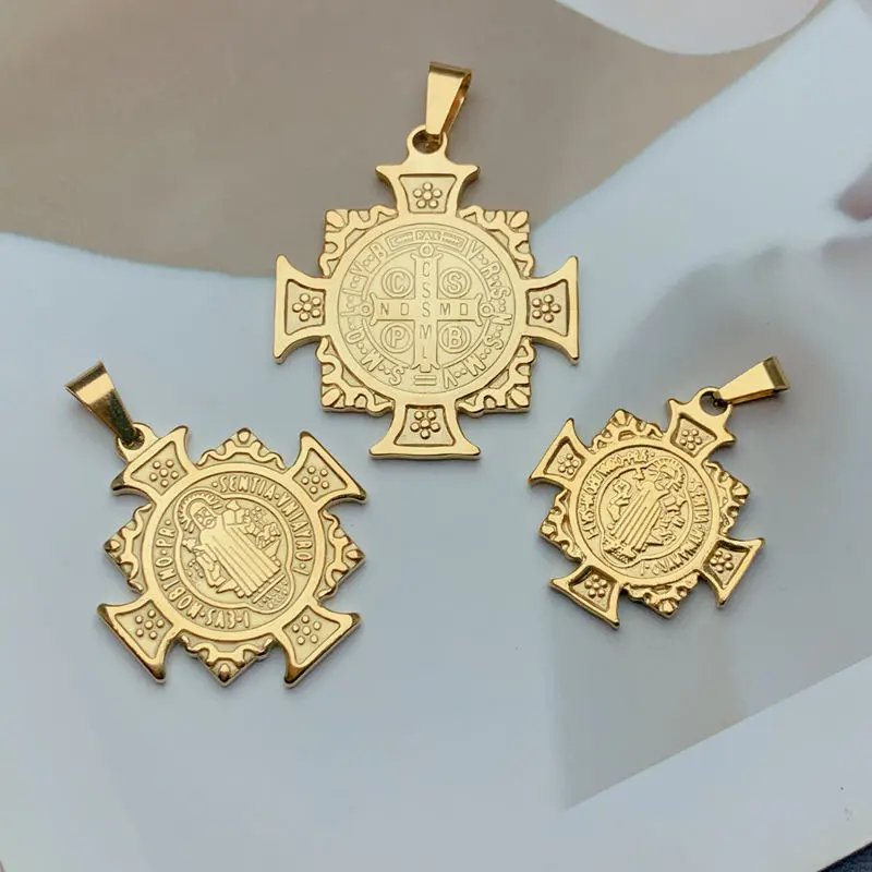 Religious Golded Stainless Steel Saint Benedict Cross Charms Pendants For Jewelry Making Men Women DIY Necklace Accessories